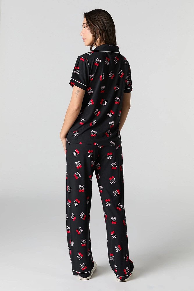 Collared Button-Up Top & Pant 2 Piece Pajama Set