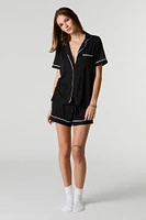 Ribbed Contrast Trim Top & Short 2 Piece Pajama Set