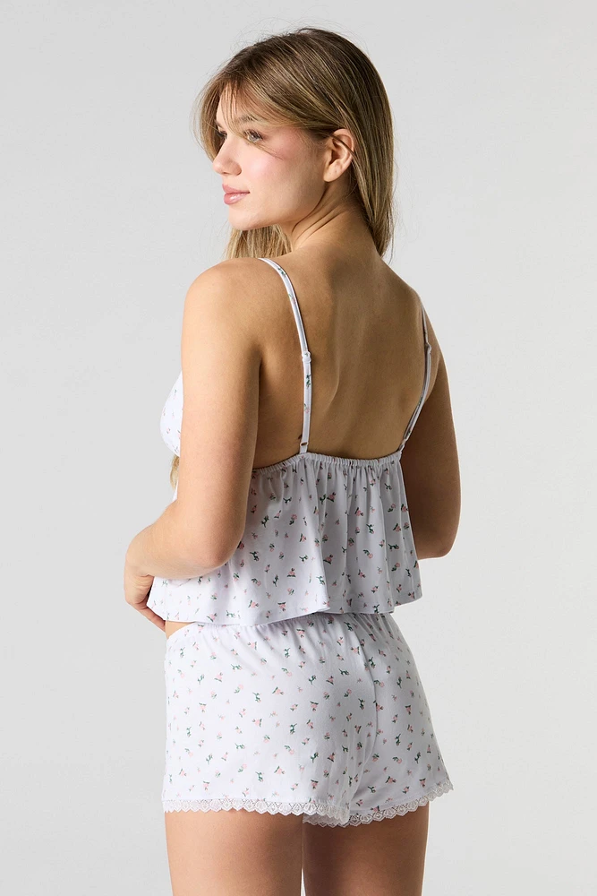 Ensemble-pyjama deux pièces camisole nuisette à bordure en dentelle et short