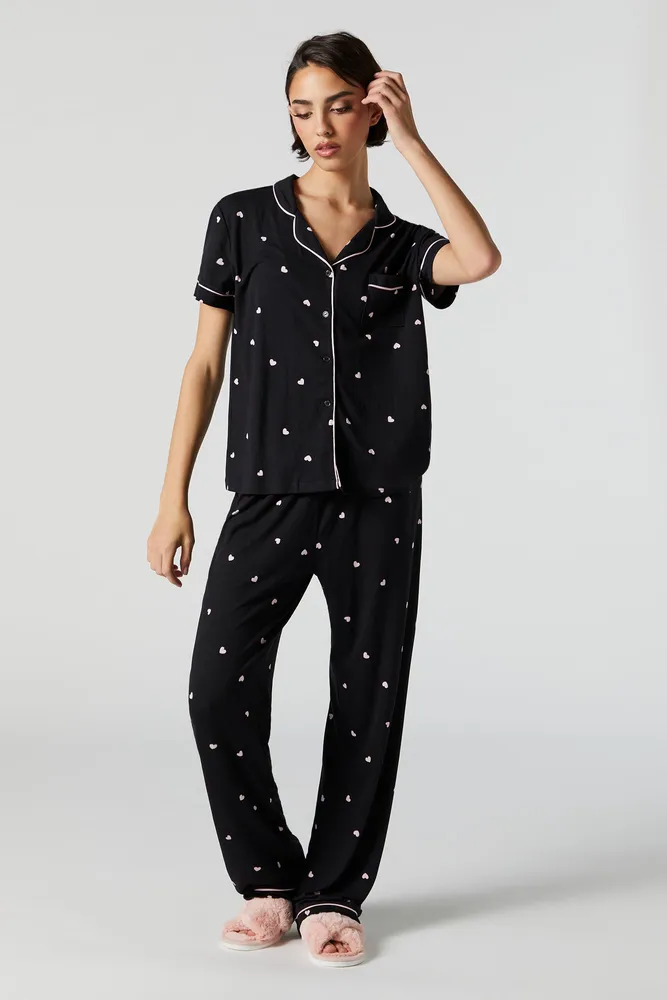 Stitches Heart Print Button-Up Top and Pant 2 Piece Pajama Set