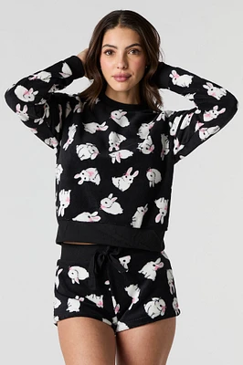 Printed Plush Long Sleeve Top & Short 2 Piece Pajama Set