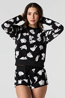 Printed Plush Long Sleeve Top & Short 2 Piece Pajama Set