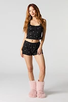 Printed Lace Trim Tank & Short 2 Piece Pajama Set