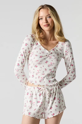 Pointelle Knit Long Sleeve Top & Short 2 Piece Pajama Set