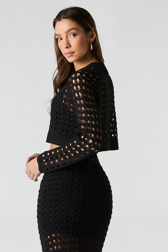 Open Knit Long Sleeve Crop Top