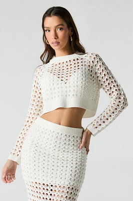 Haut écourté à manche longue en tricot ouvert