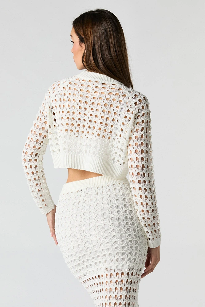 Haut écourté à manche longue en tricot ouvert
