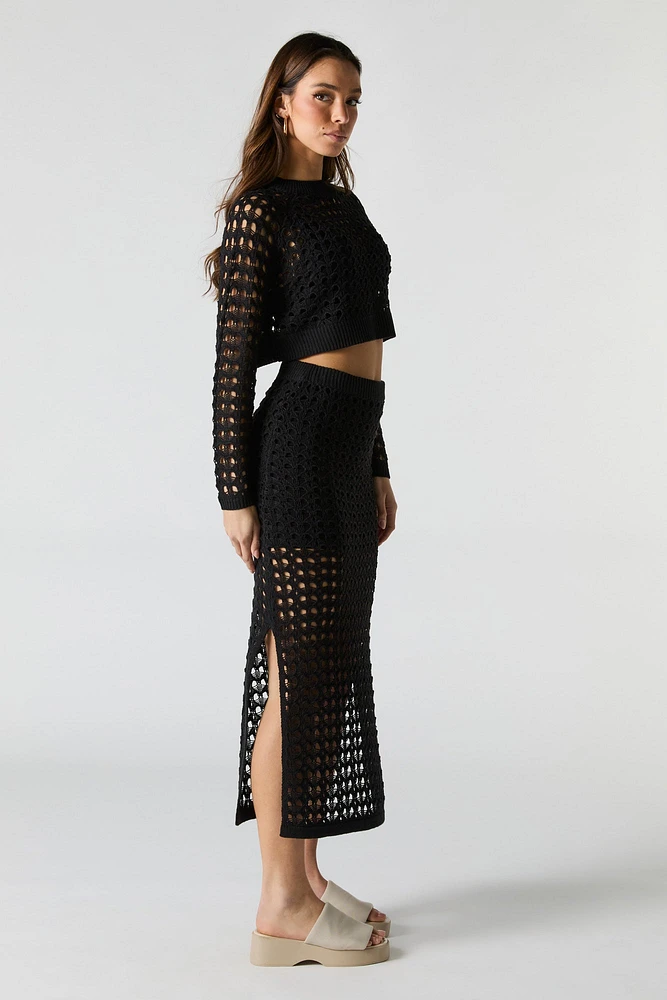 Open Knit Slit Midi Skirt