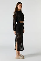 Open Knit Slit Midi Skirt