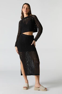 Open Knit Slit Midi Skirt