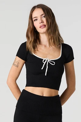 Ribbed Knit Contrast Trim Short Sleeve Sweater