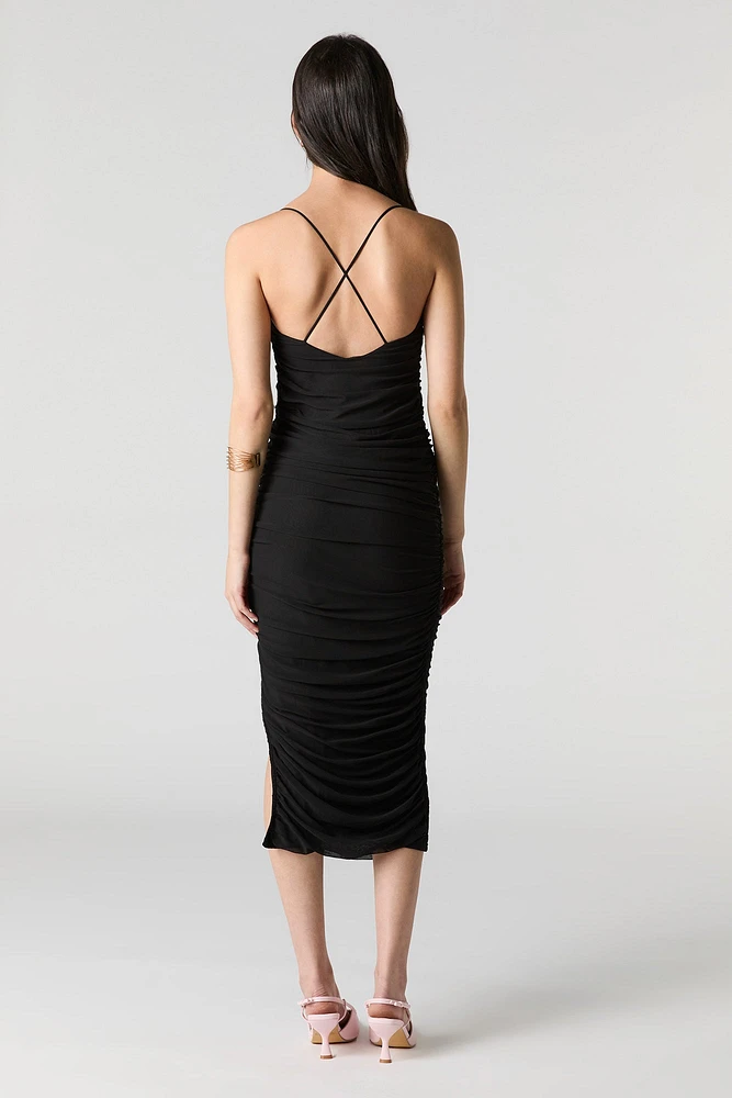 Mesh Ruched Midi Dress