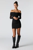 Mesh Ruched Off Shoulder Long Sleeve Mini Dress