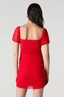 Mesh Ruched Puff Sleeve Mini Dress