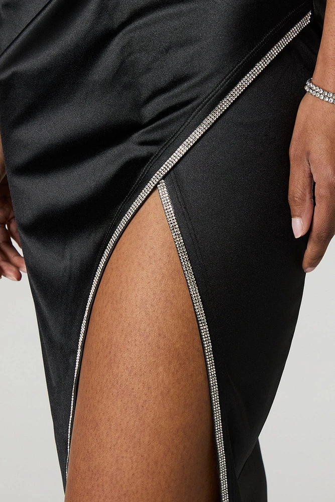 Satin Rhinestone Trim Surplice Midi Wrap Dress