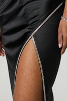 Satin Rhinestone Trim Surplice Midi Wrap Dress