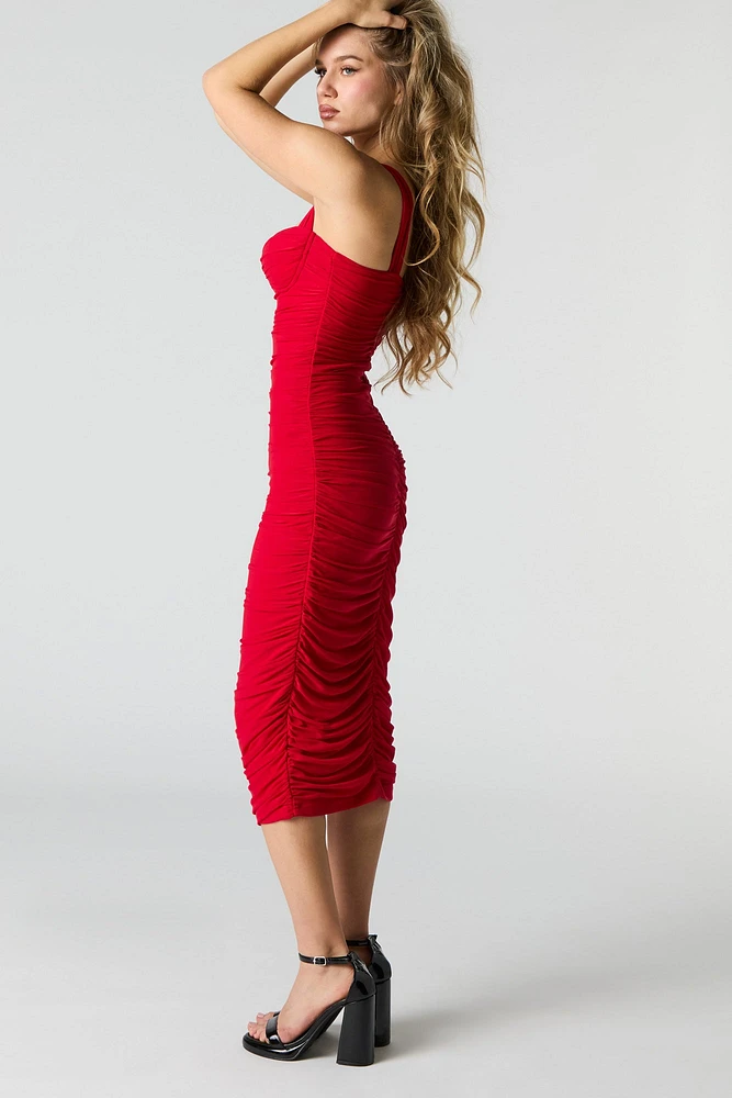 Mesh Ruched Bustier Midi Dress