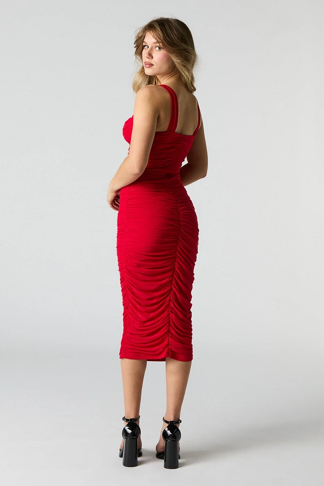 Mesh Ruched Bustier Midi Dress