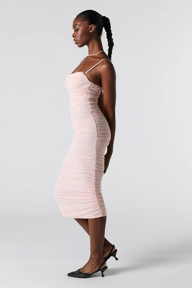 Mesh Ruched Bustier Midi Dress