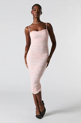 Mesh Ruched Bustier Midi Dress