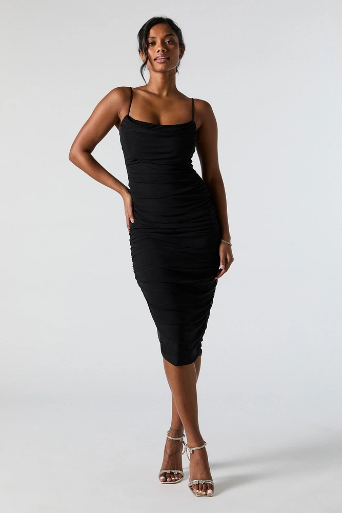 Mesh Cowl Neck Ruched Midi Dress