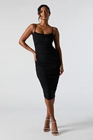 Mesh Cowl Neck Ruched Midi Dress