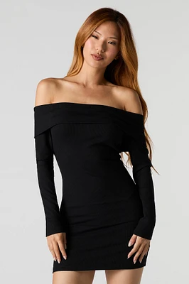 Ribbed Off Shoulder Long Sleeve Mini Dress