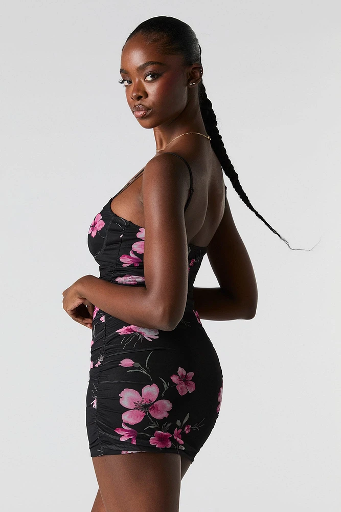 Floral Mesh Ruched Mini Dress