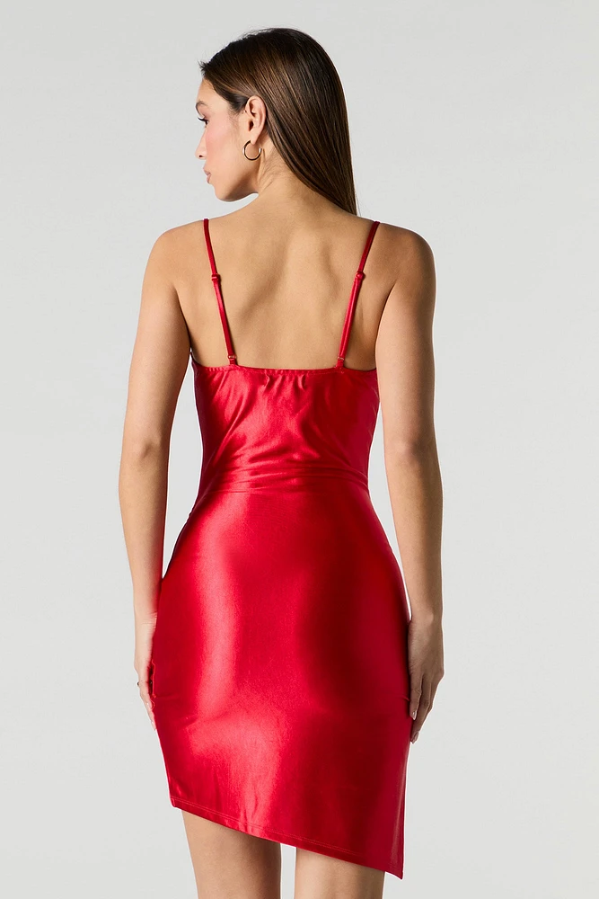 Satin Cowl Neck Asymmetrical Mini Dress