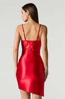 Satin Cowl Neck Asymmetrical Mini Dress