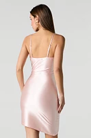 Satin Cowl Neck Asymmetrical Mini Dress