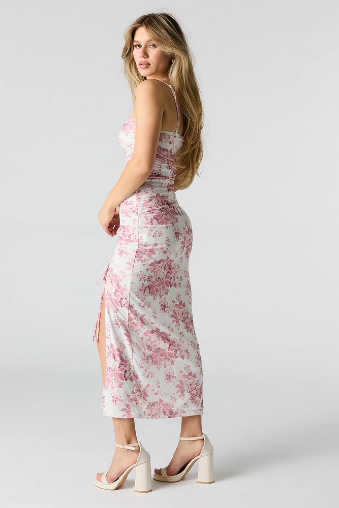Floral Mesh Ruched Slit Midi Dress