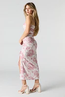 Floral Mesh Ruched Slit Midi Dress