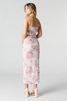 Floral Mesh Ruched Slit Midi Dress