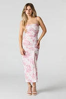 Floral Mesh Ruched Slit Midi Dress