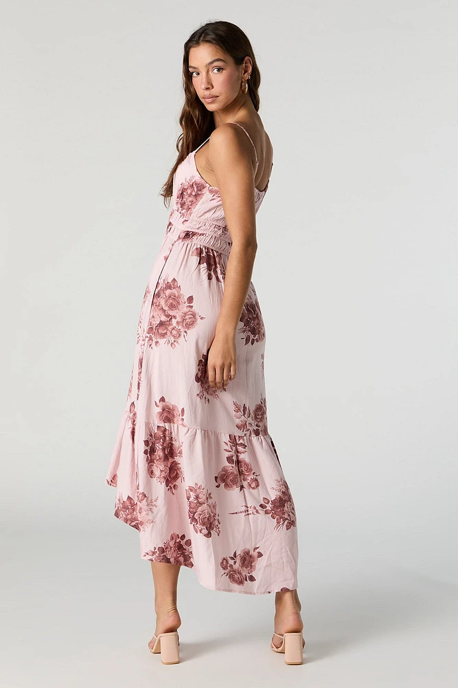 Floral Sleeveless Milkmaid High Low Midi Dress