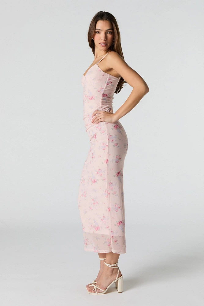 Floral Mesh Bustier Midi Dress