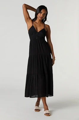 Button Front Tiered Midi Dress