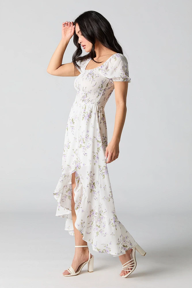 Robe avec bustier en mousseline asymétrique et imprimé floral