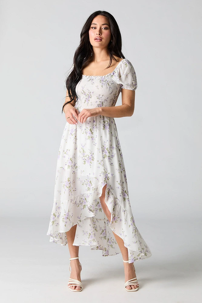 Robe avec bustier en mousseline asymétrique et imprimé floral