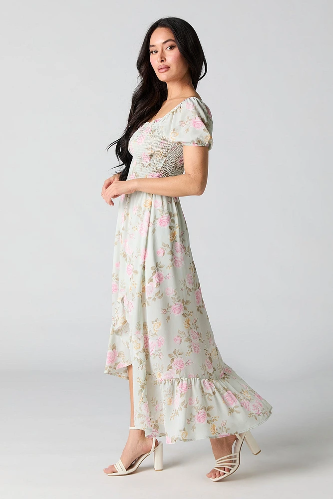 Floral Chiffon Asymmetrical Milkmaid Dress