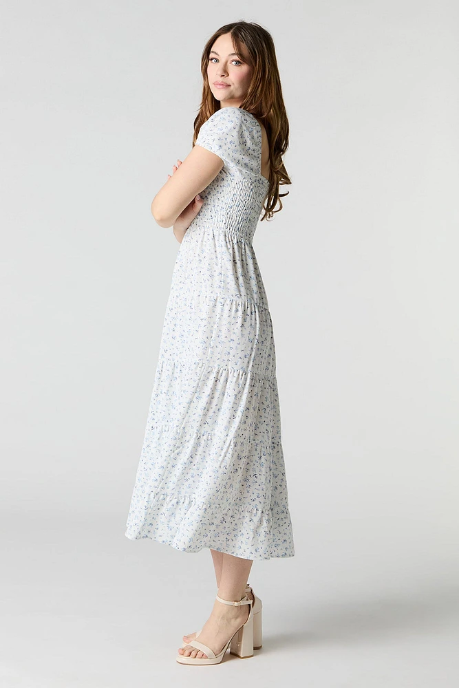 Smocked Tiered Short Sleeve Midi Dress