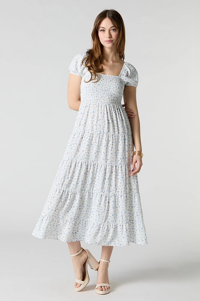 Smocked Tiered Short Sleeve Midi Dress