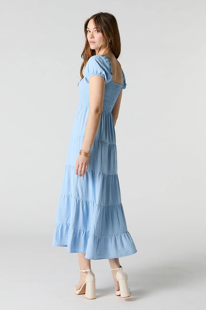 Smocked Tiered Short Sleeve Midi Dress