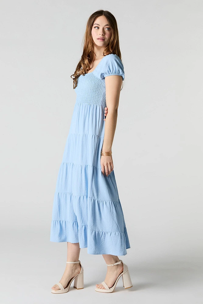 Smocked Tiered Short Sleeve Midi Dress