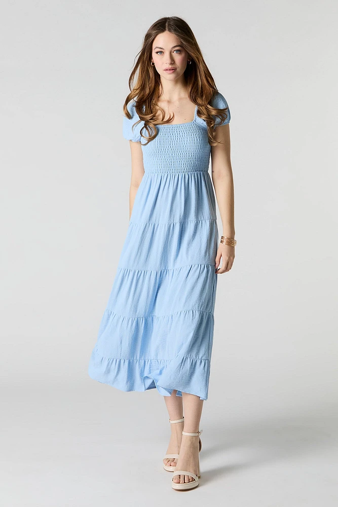 Smocked Tiered Short Sleeve Midi Dress