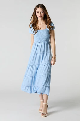 Smocked Tiered Short Sleeve Midi Dress