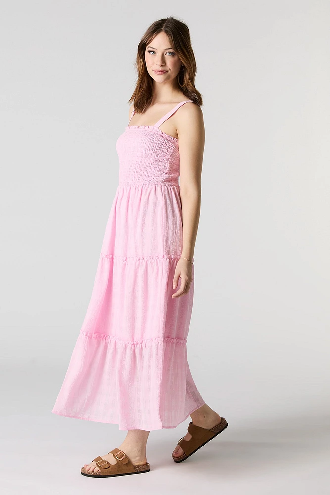 Textured Smocked Tiered Midi Dress