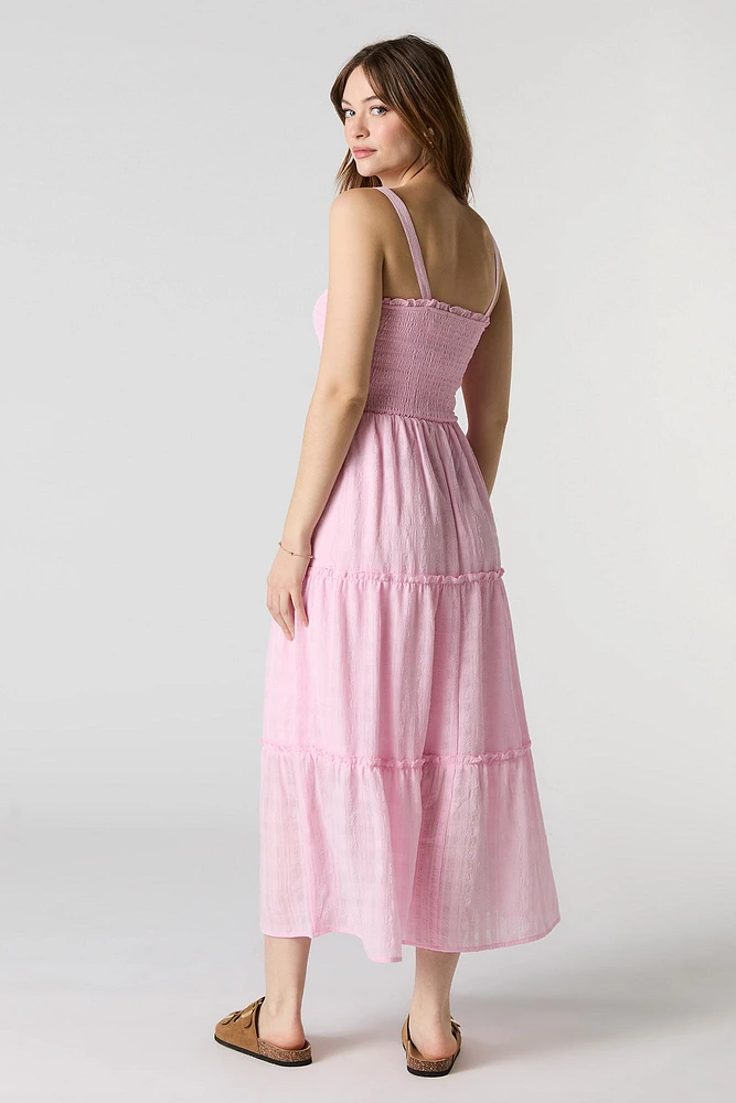Textured Smocked Tiered Midi Dress