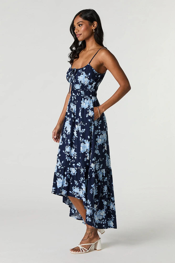 Robe maxi asymétrique fleurie avec attache